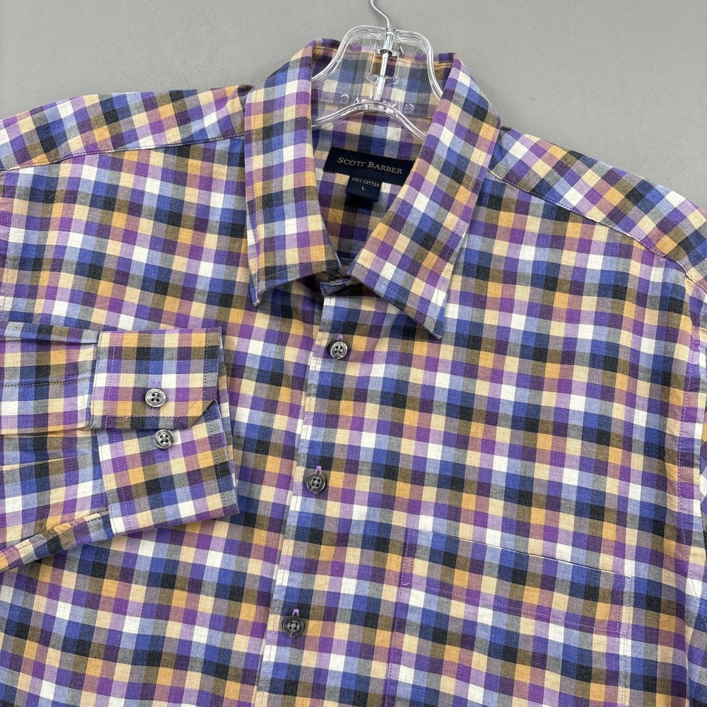 Scott Barber Shirt Mens Large Purple Gold Check Button Down Long Sleeve Twill‎